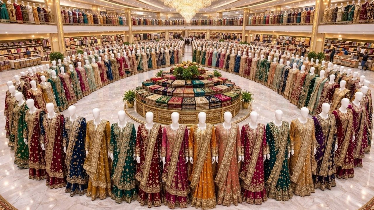 Textile showroom filled with colorful garments and fabric displays