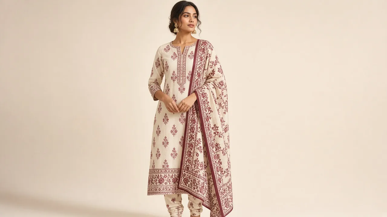 Model wearing an unstitched suit, Vidhi Fabrics Surat