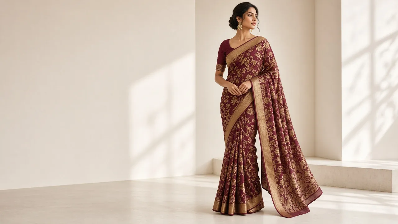 Model in a saree from Vidhi Fabrics, Surat